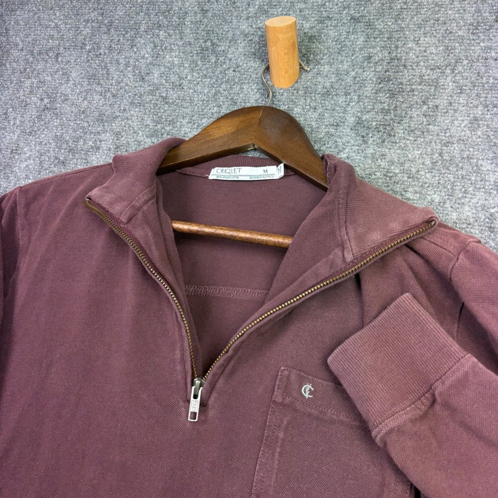 Criquet Quarter Zip Pullover Mens M Burgundy Organic Cotton Pique Pocket Sweater